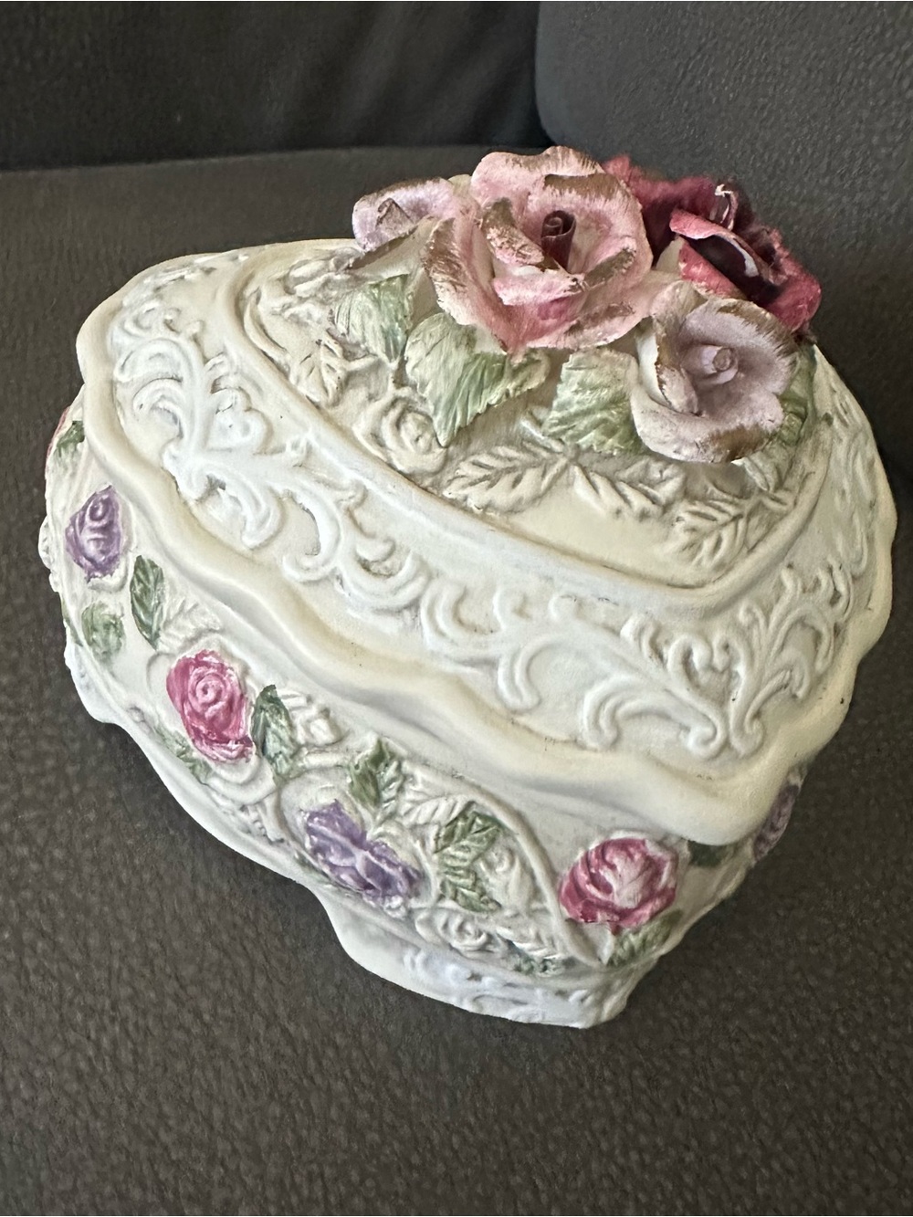 Hand-Painted Heart Trinket Box with Pink & Purple Roses